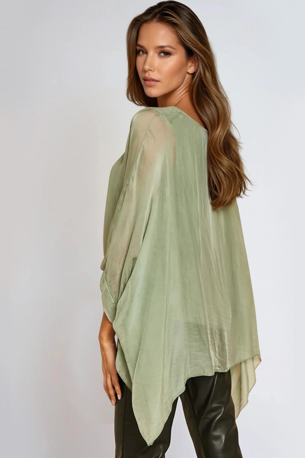 Khaki Silk Batwing Sleeve Round Neck Blouse - Image 2