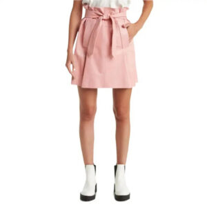 Women’s Pastel Pink Belted Mini Leather Skirt